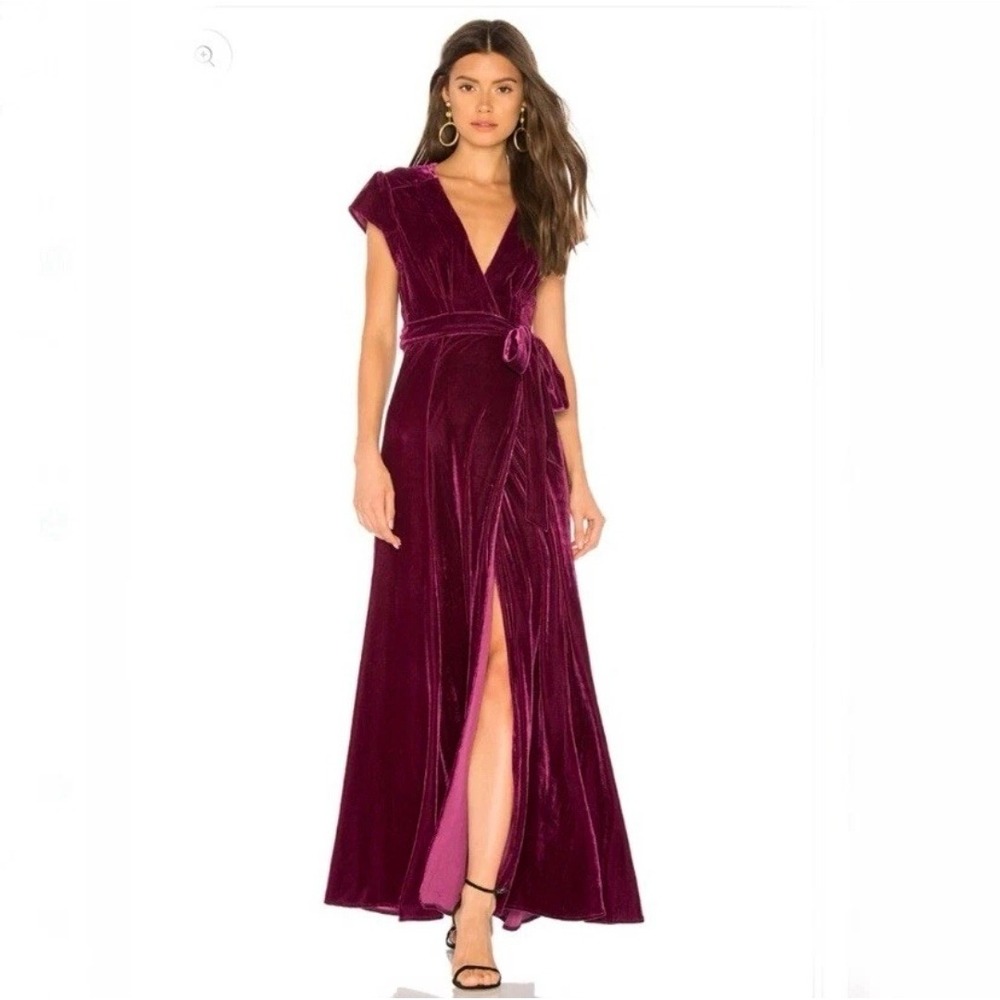 Tularosa Revolve Sid Wrap Maxi Dress S Burgundy Velvet Gown Formal Romantic Chic